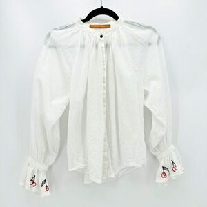 Bliss Mischief Cotton Voile Blouse Womens S White Cherry Embroidered Pinup Retro